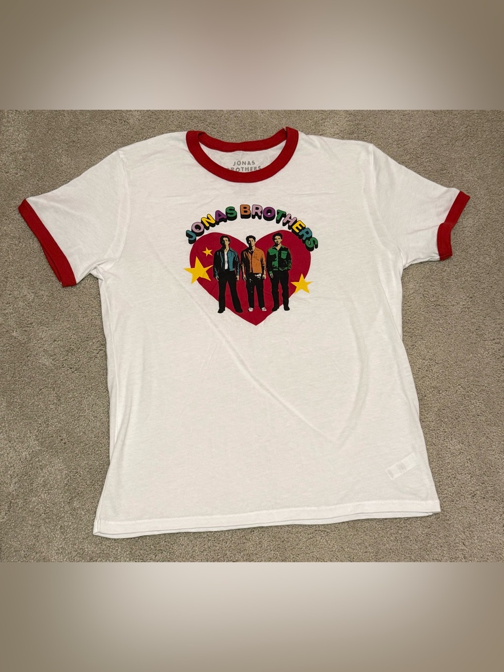 Jonas Brothers 2023 Official Merch Band Tee Ringer Shirt Large White Red Heart